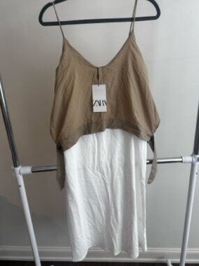 ZARA NWT Layered Slip Dress Size S – Neutral Two-Tone Midi